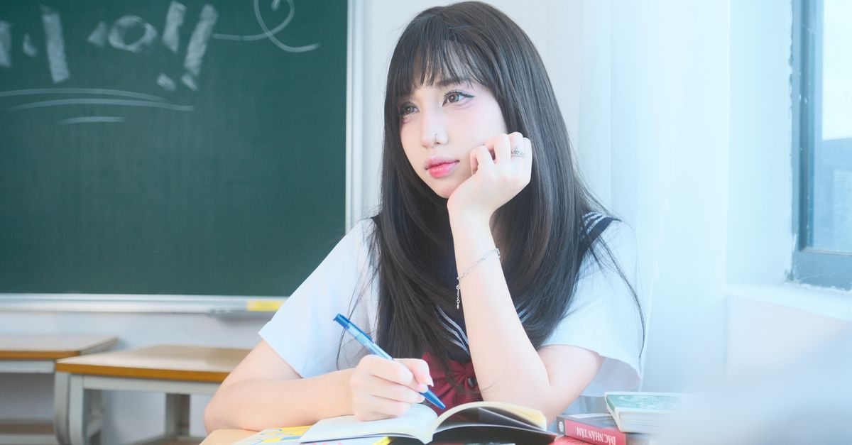 anime girl studying at desk with lo-fi aesthetic, rain outside window