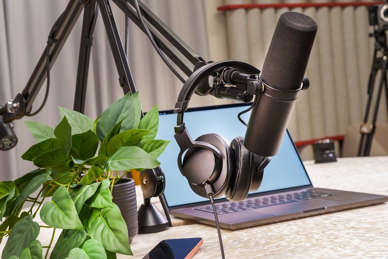 Microphone, headphones and laptop on a home recording desk — photo by Jakub Zerdzicki on Pexels