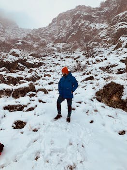 雪山斜坡上，一个穿着蓝色夹克的人站在岩石地形和光秃秃的树木之间