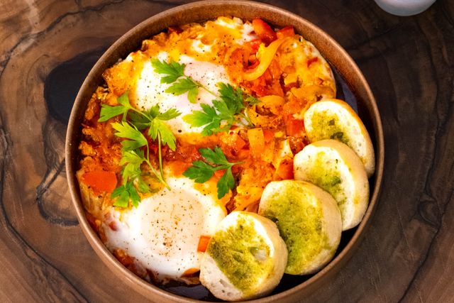 A hearty shakshuka with poached eggs, fresh herbs, and bread slices, perfect for a flavorful meal.