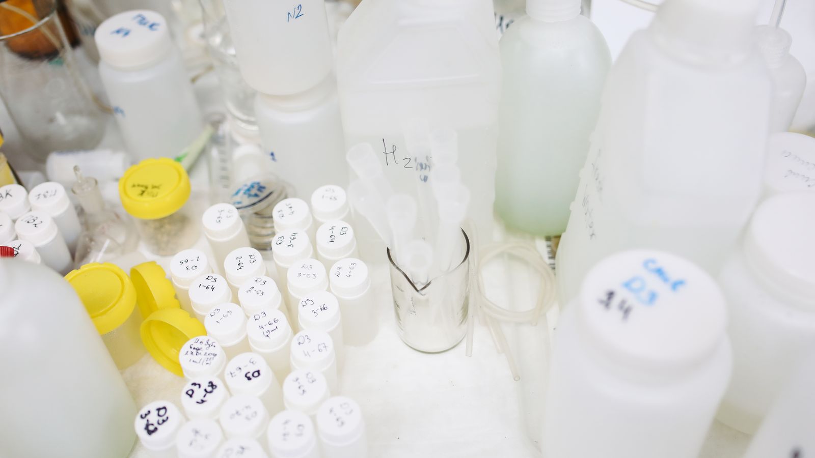 Collection of plastic bottles and containers in a laboratory setting, used for scientific research.