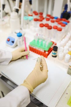 科学家在实验室里戴着手套，用试管检查样品