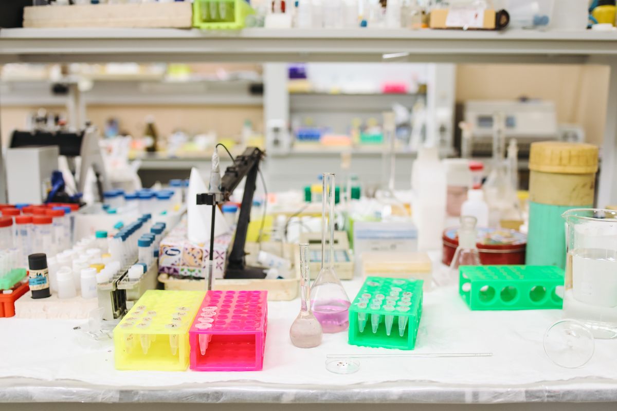 Laboratory bench with sample racks and glassware used for fragrance evaluation and stability testing