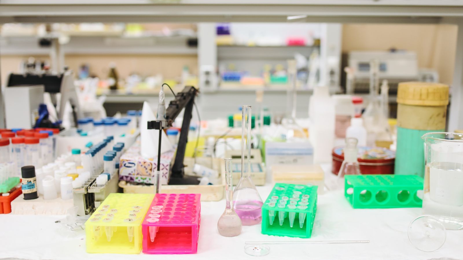 Bright and organized scientific laboratory with various equipment and test tubes.