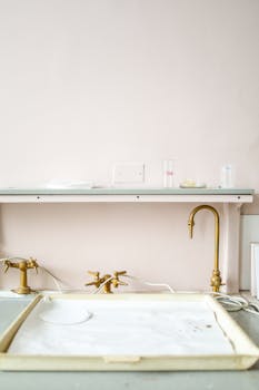 实验室环境整洁，配有黄铜水龙头和简约的设计元素