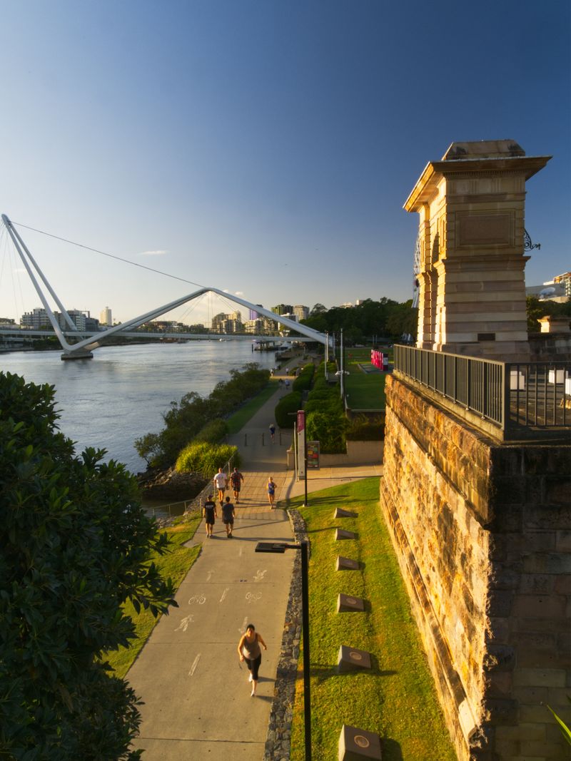 Scenic view over the Brisbane River with Goodwill Bridge and riverside walk