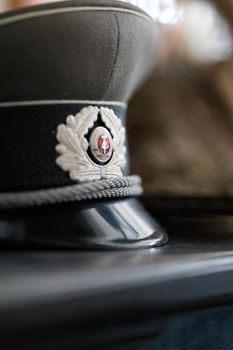 A detailed view of a Soviet military officer's cap with emblem and intricate design.