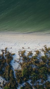 Scenic aerial shot of serene beach with clear water and vegetation.