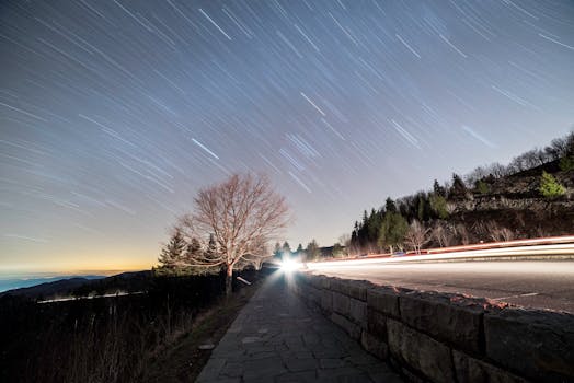 通过长时间曝光捕捉加特林堡风景优美的田纳西州道路上的星星轨迹
