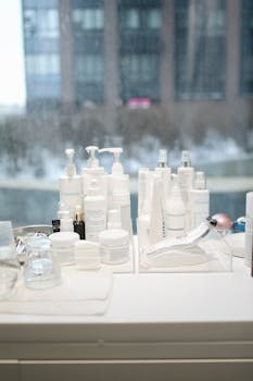 护肤产品在靠窗的桌子上排列，背景是城市景观