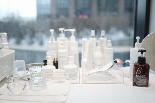 A collection of skincare products on a countertop in a contemporary beauty salon setting.