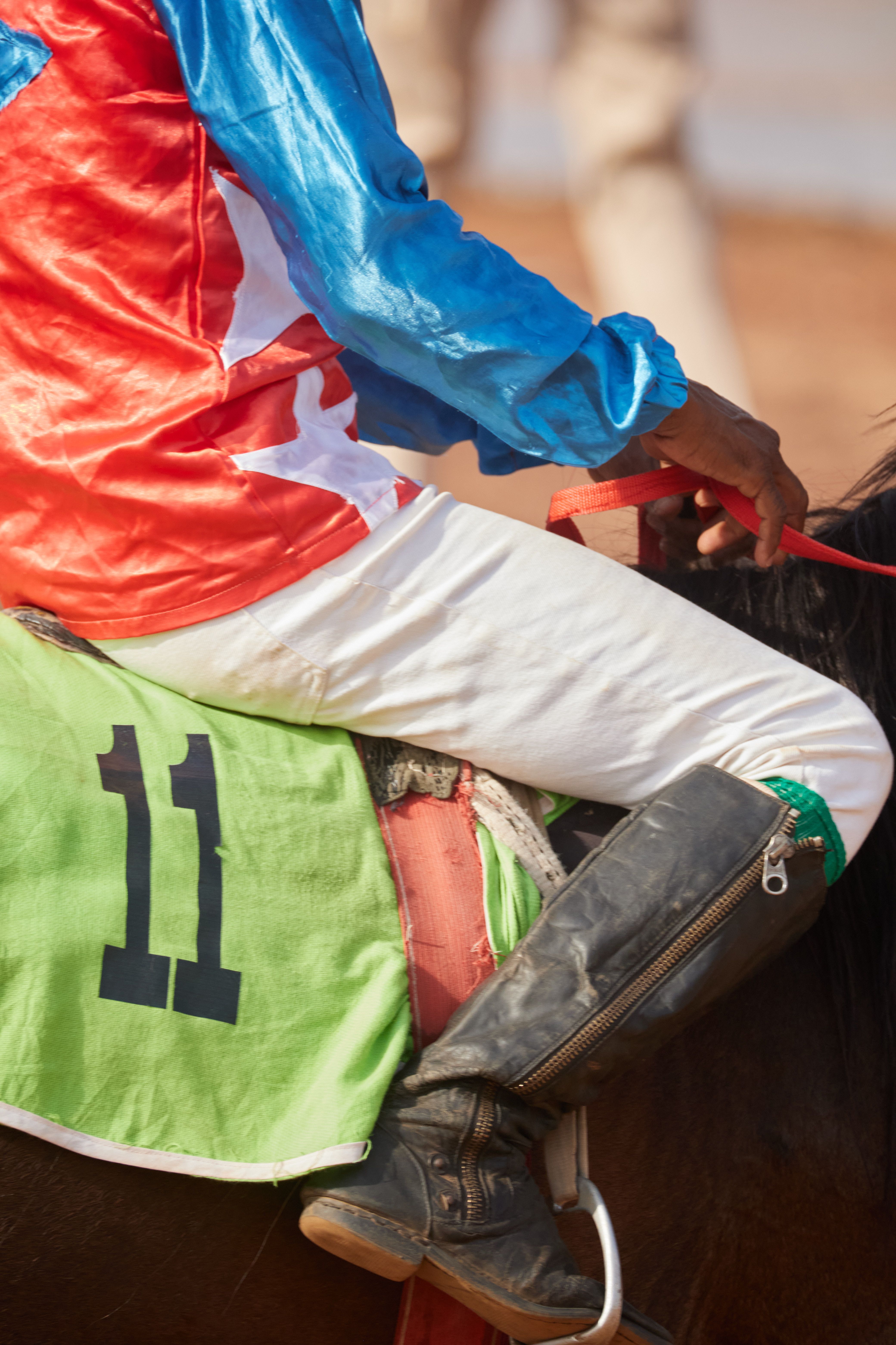 A jockey wearing colorful gear rides a racehorse during a competitive event.