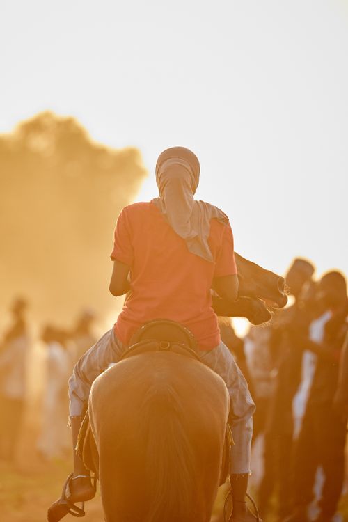 Free A person riding a horse at sunset with a crowd in the background, creating a warm and dynamic scene. Stock Photo