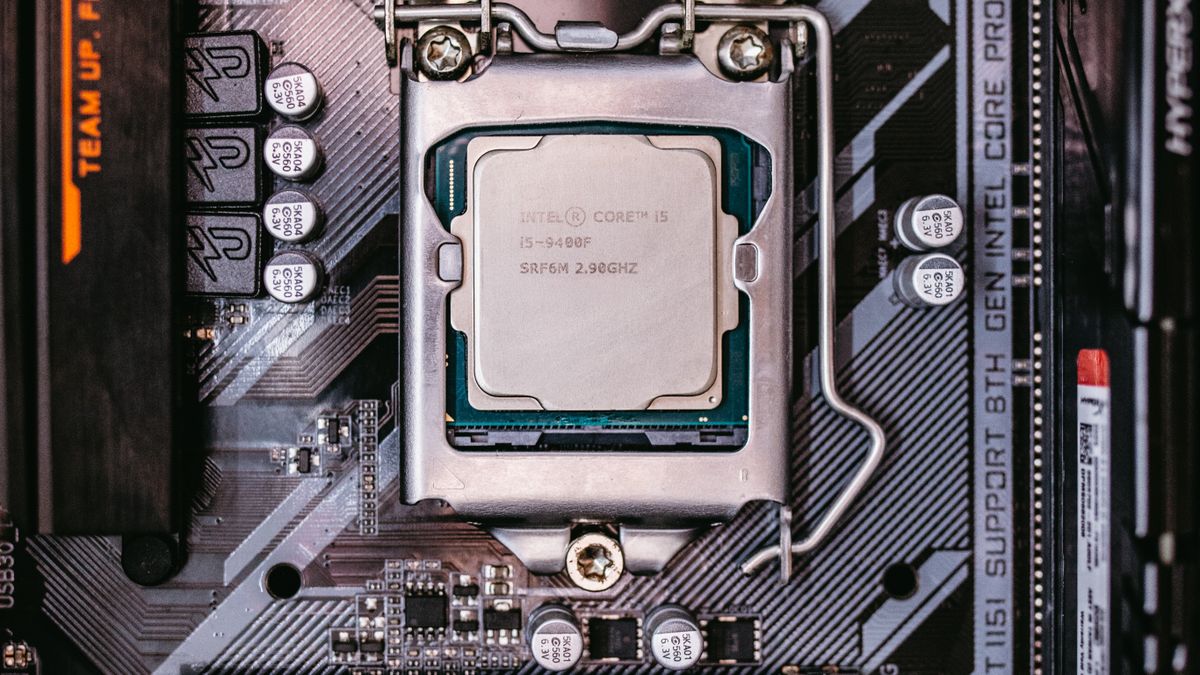 Close-up of a motherboard with a CPU socket