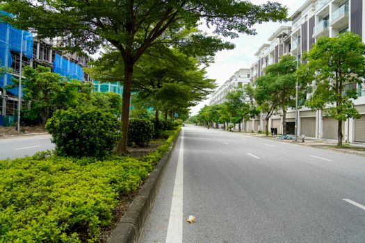 Wide view of a tree-lined street in Hanoi, showcasing modern urban architecture.