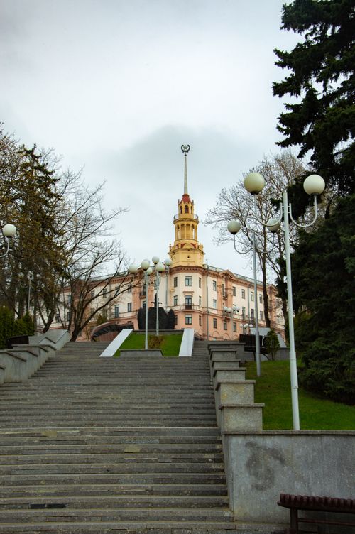 Free View of a historic building in Minsk, Belarus with steps in the foreground. Stock Photo