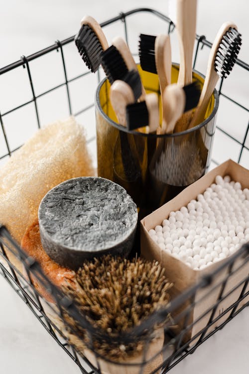 A Steel Basket with Toiletries