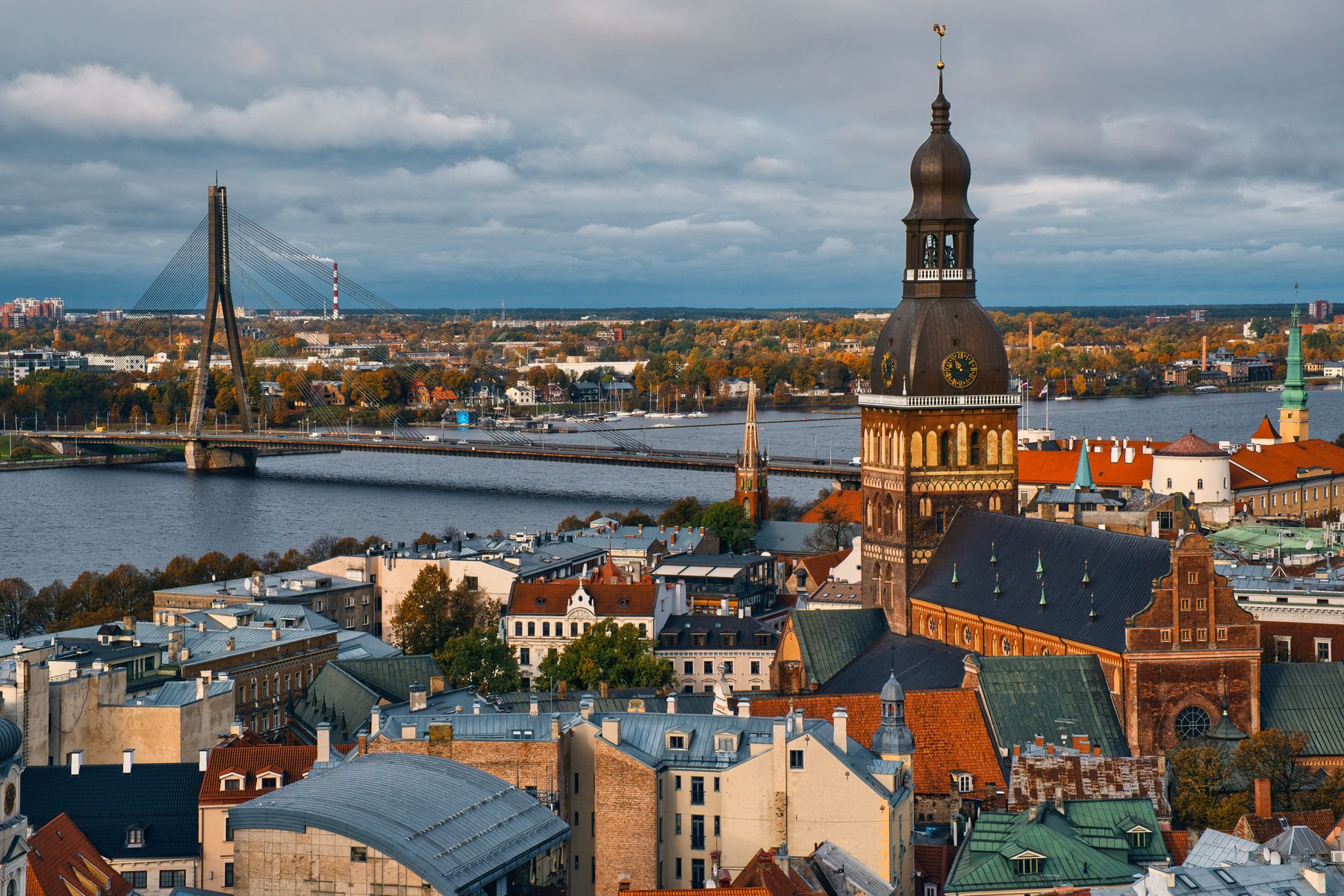 Aerial view of Riga Old Town and Daugava River