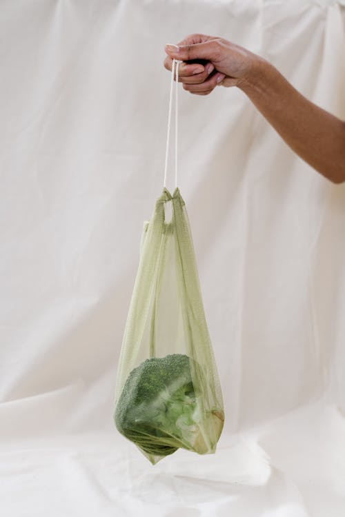 Person Holding Green Cloth Bag with Broccoli