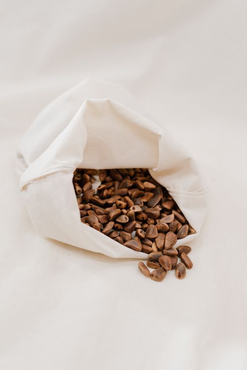 Free A cloth bag filled with roasted coffee beans on a neutral background. Stock Photo