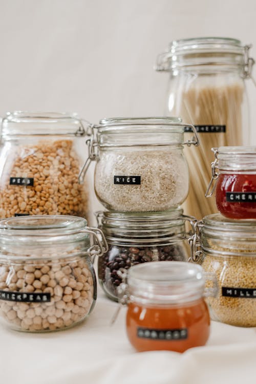 Clear Glass Jars Filled With Cereals
