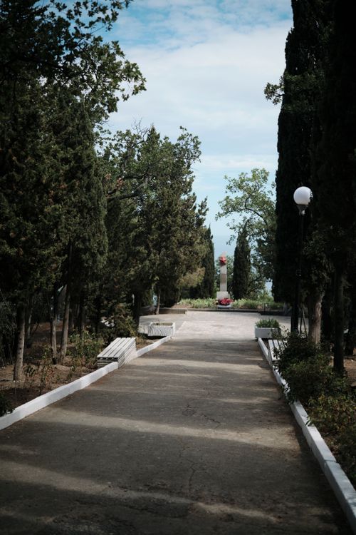 Free Tranquil path flanked by tall trees leading to a park monument under a blue sky. Stock Photo