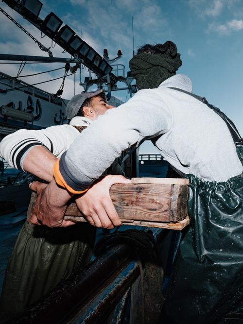 Free Two fishermen collaborate on a boat, showcasing teamwork and hard work at sea. Stock Photo