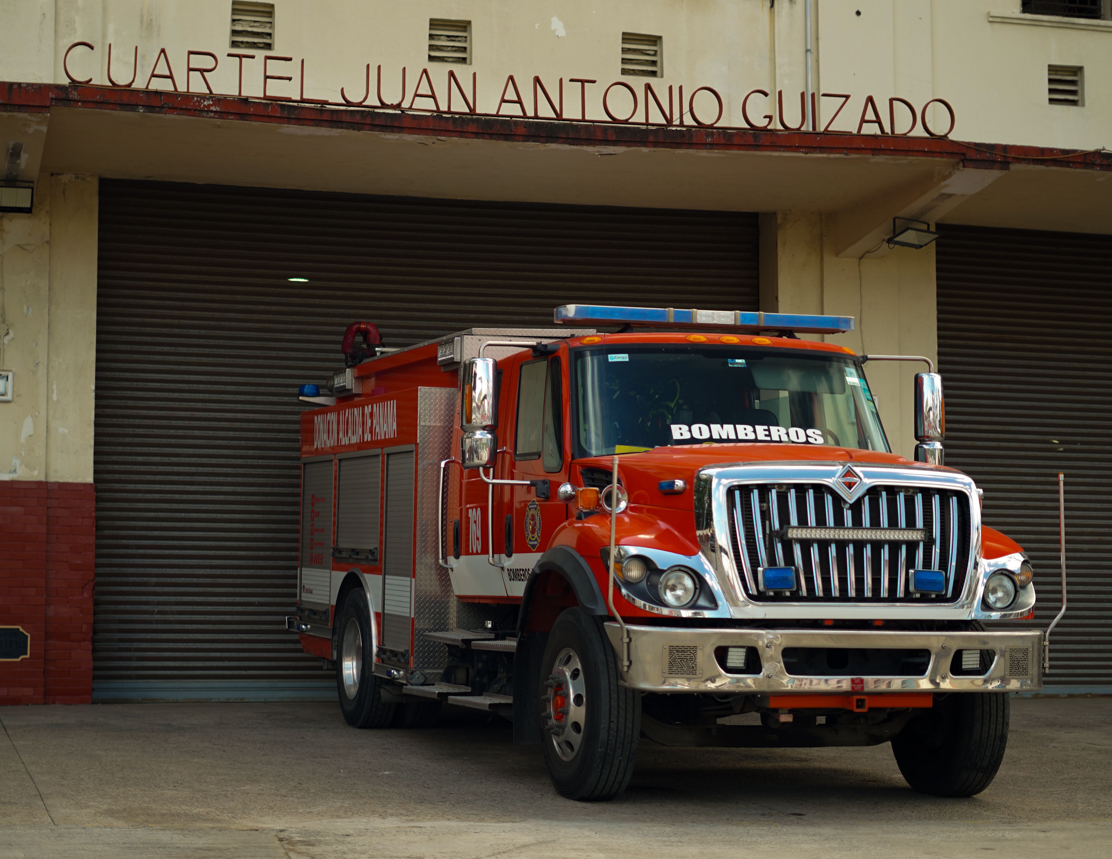Fire truck parked outside Cuartel Juan Antonio Guizado fire station in Panama.