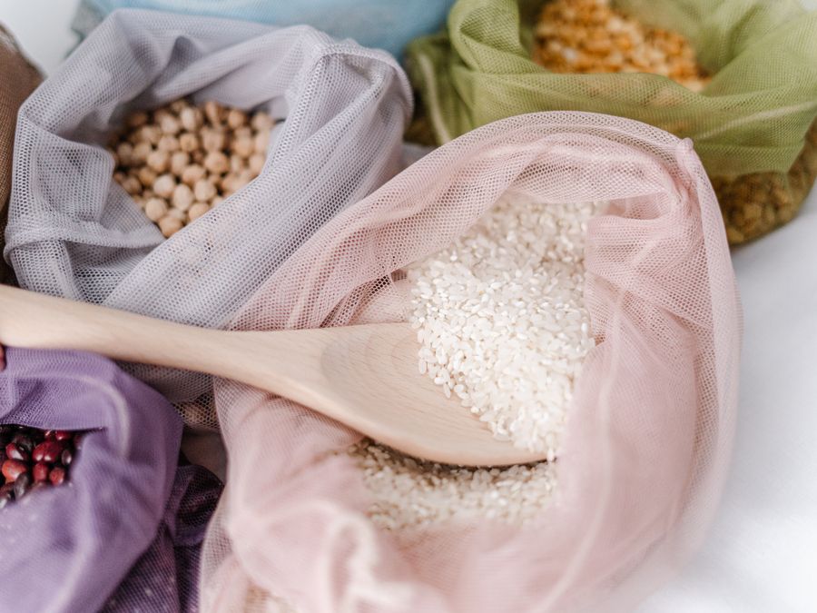 White long-grain rice in sacks