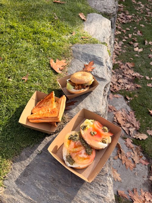 Free A picturesque fall picnic featuring gourmet sandwiches in a natural setting. Stock Photo