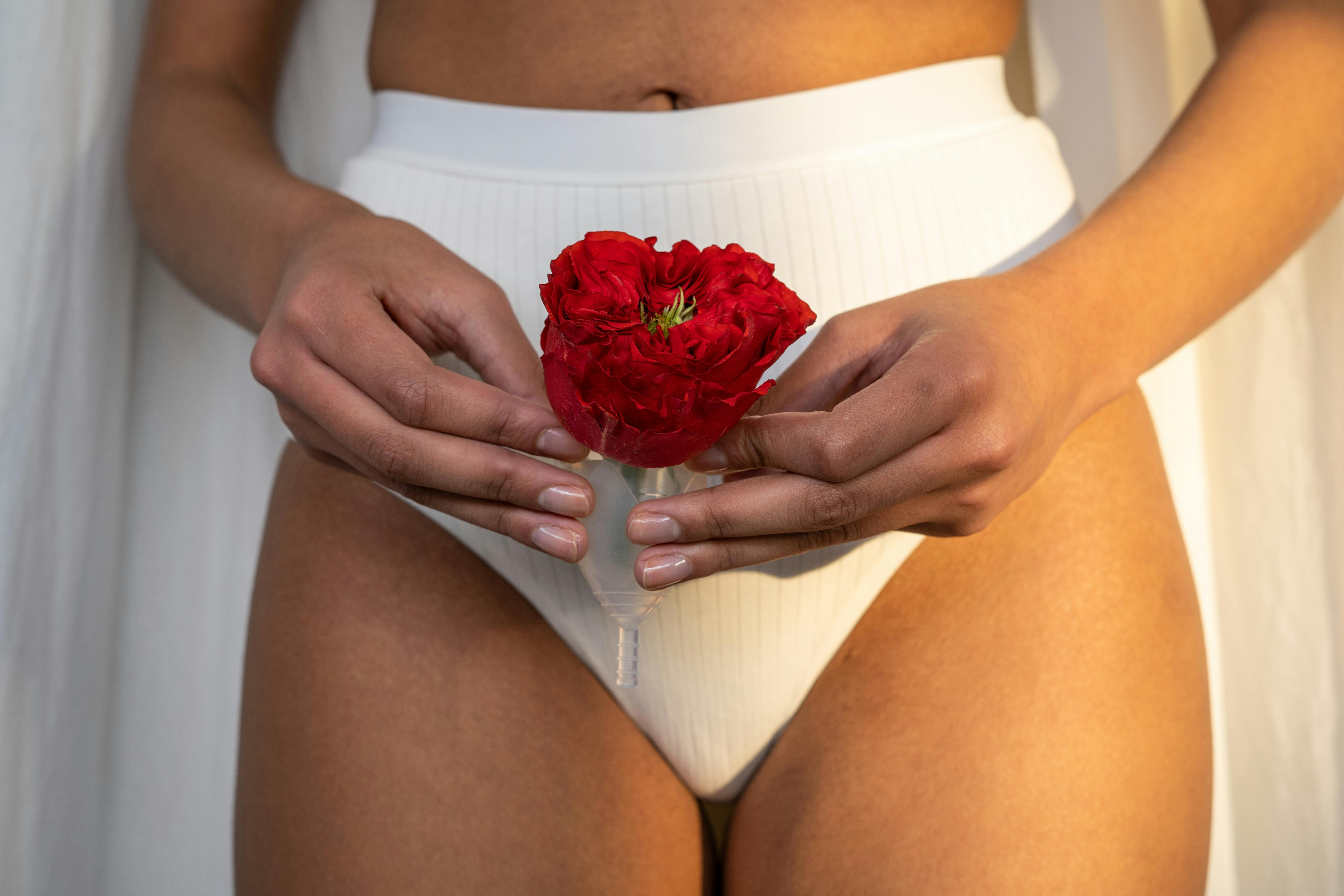woman in white underwear holding red rose in a menstrual cup
