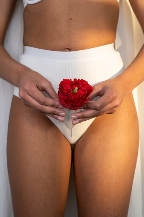 Kostenlos Frau In Der Weißen Unterwäsche, Die Rote Rose Und Menstruationstasse Hält Stock-Foto