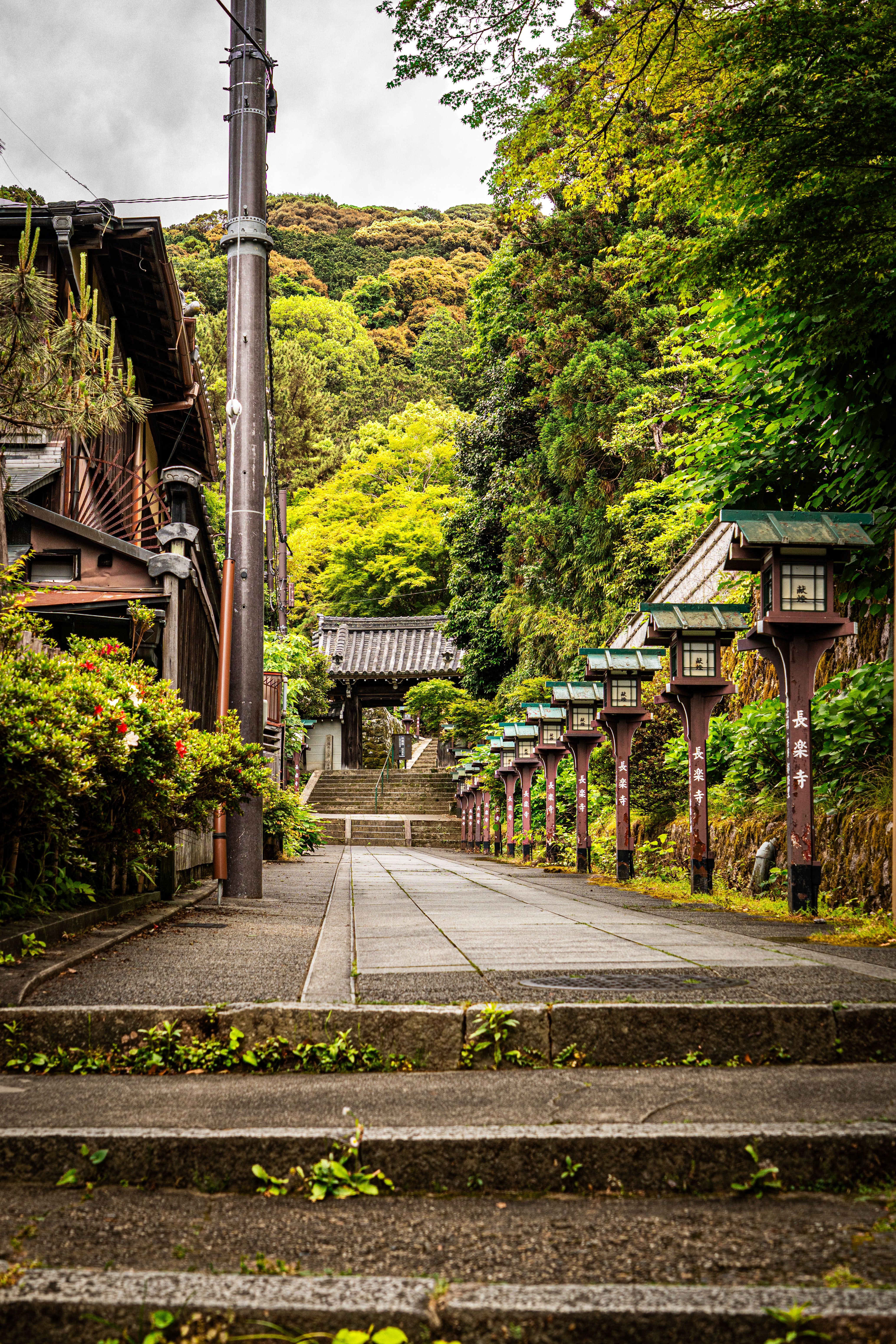 Peaceful Kyoto Temple Pathway with Lanterns · Free Stock Photo