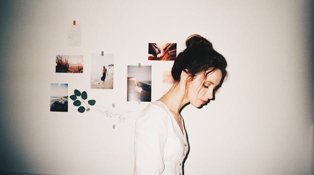 Side profile of a woman beside a minimalist photo collage on a white wall.