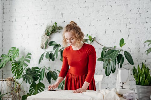 Woman in Red Long Sleeve Dress Standing