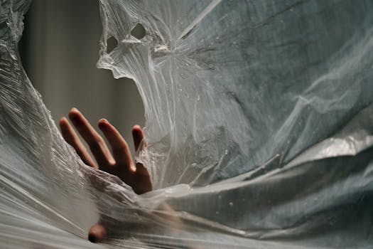 一只手穿过薄薄皱皱的塑料，暗示着诱捕与自由的主题