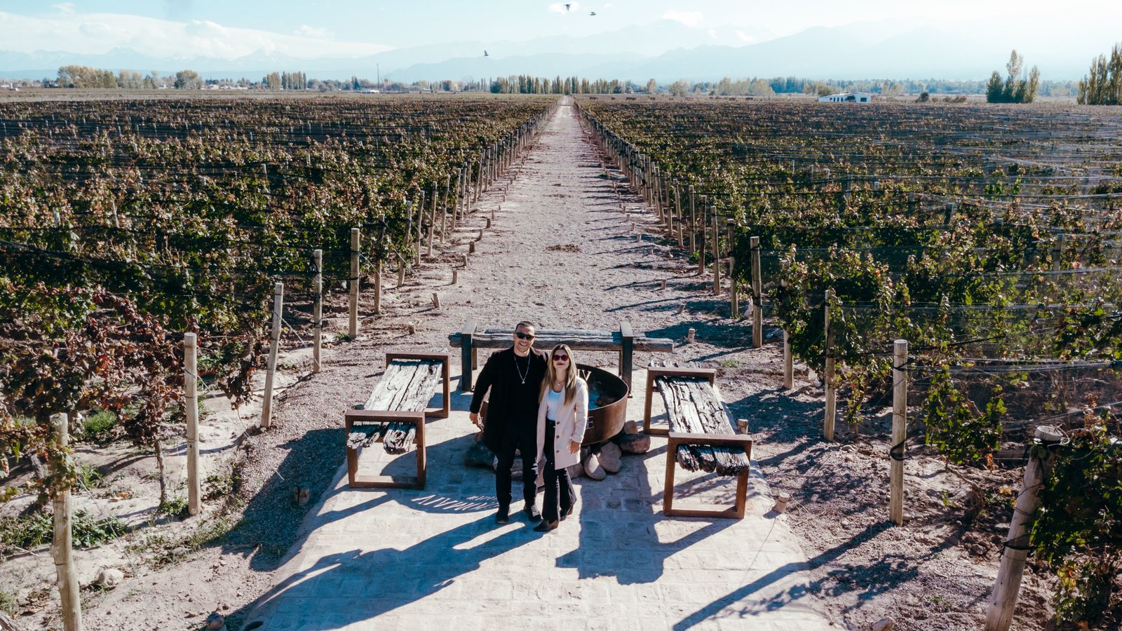 Aerial view of a couple standing in a vast vineyard in Mendoza, Argentina, with the Andes in the background.