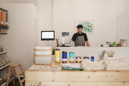 A modern retail store featuring eco-friendly, zero-waste products and a smiling cashier.