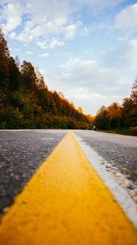 Scenic autumn road with yellow line leading through vibrant fall foliage under a cloudy sky.