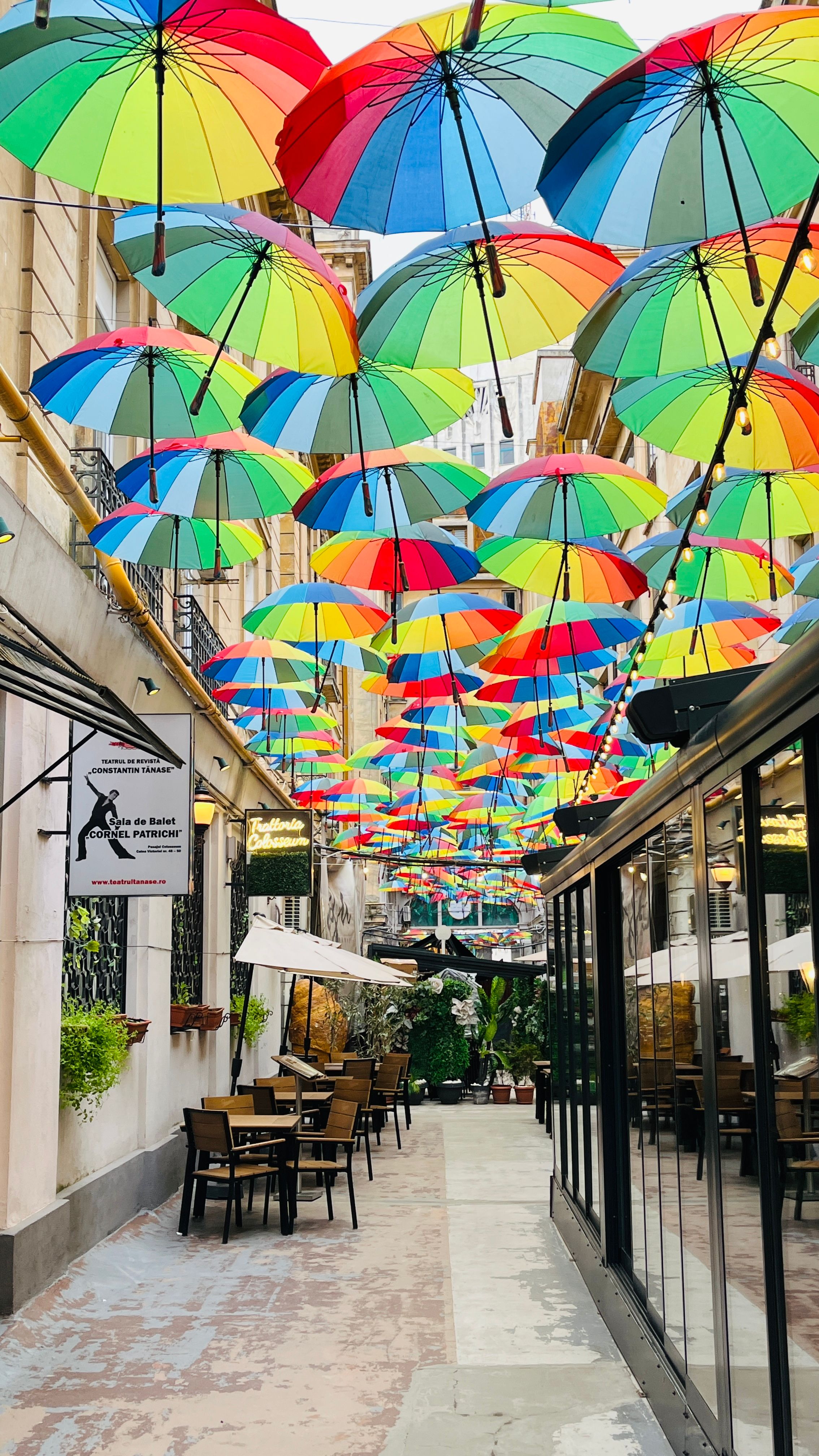 A vibrant alleyway adorned with colorful umbrellas, offering a whimsical and artistic atmosphere. Perfect urban escape.
