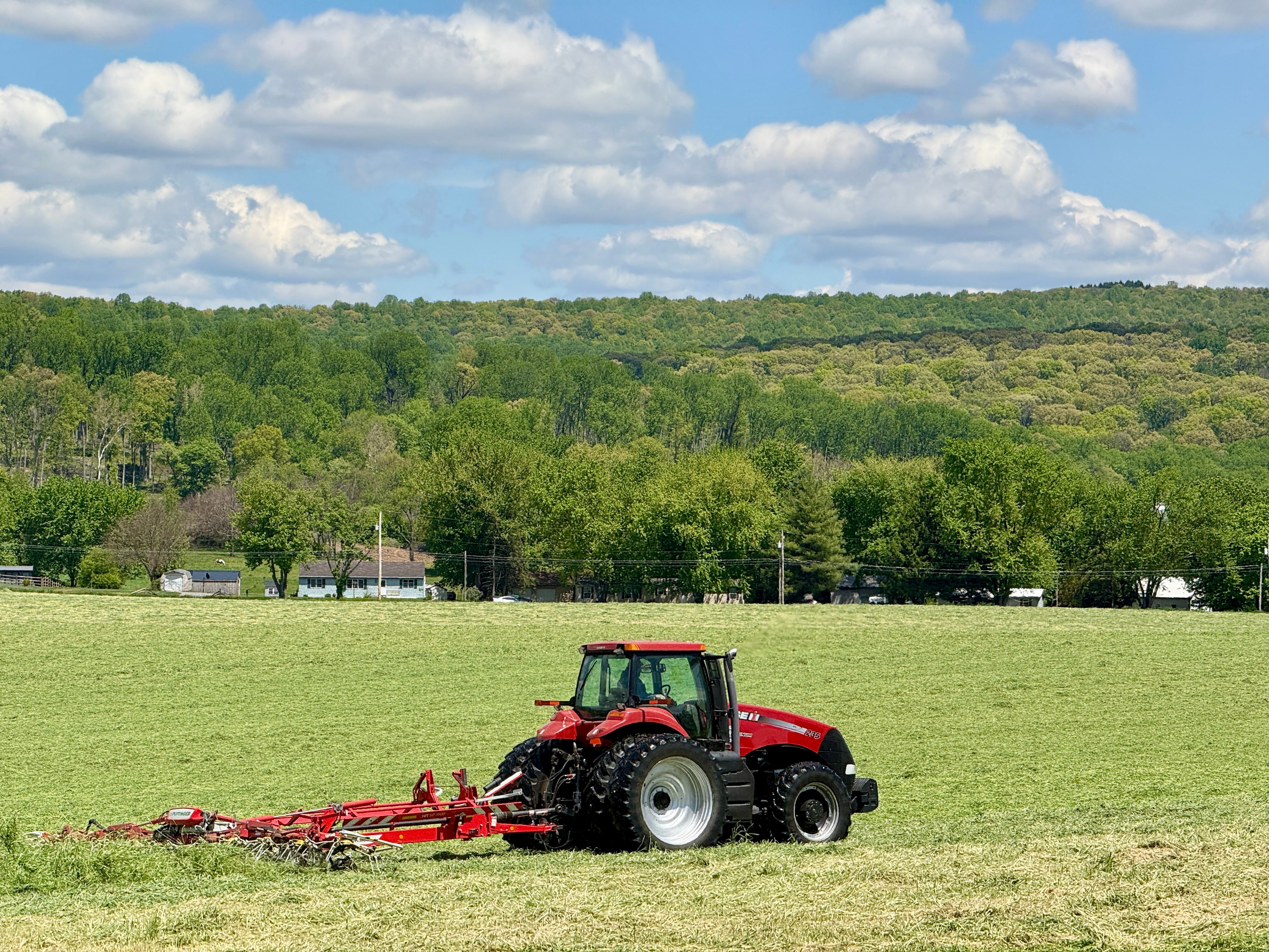 A red tractor working in a vast green field with a lush forest and clear sky in the background.