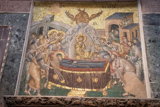 Intricate mosaic depicting religious figures in a historical Istanbul church.
