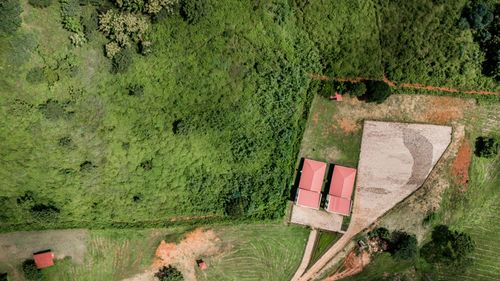 Free Aerial photograph showcasing green fields and buildings in Morogoro, Tanzania. Stock Photo