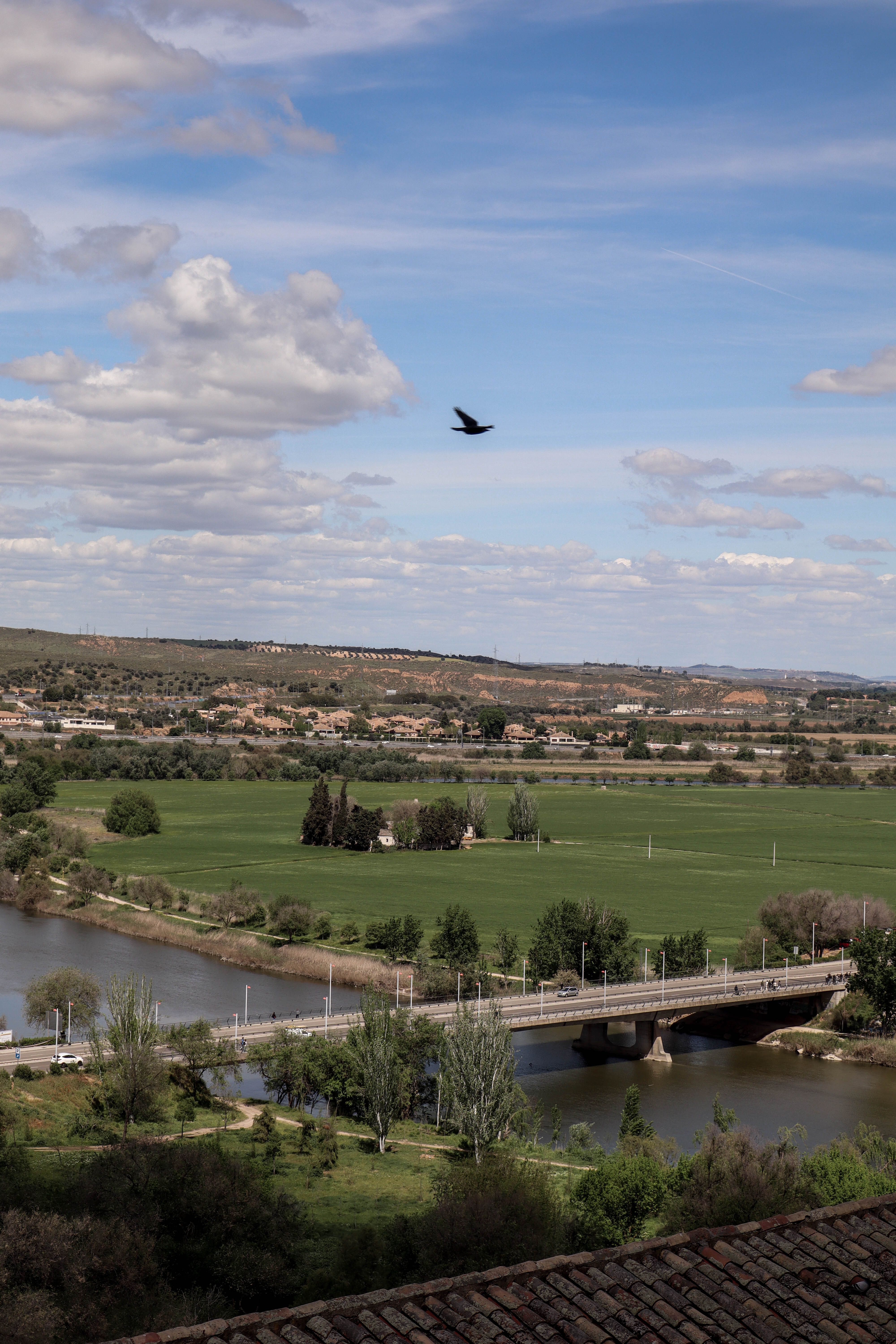 Aerial view of Toledo's lush landscapes with a bridge crossing the river under a blue sky.