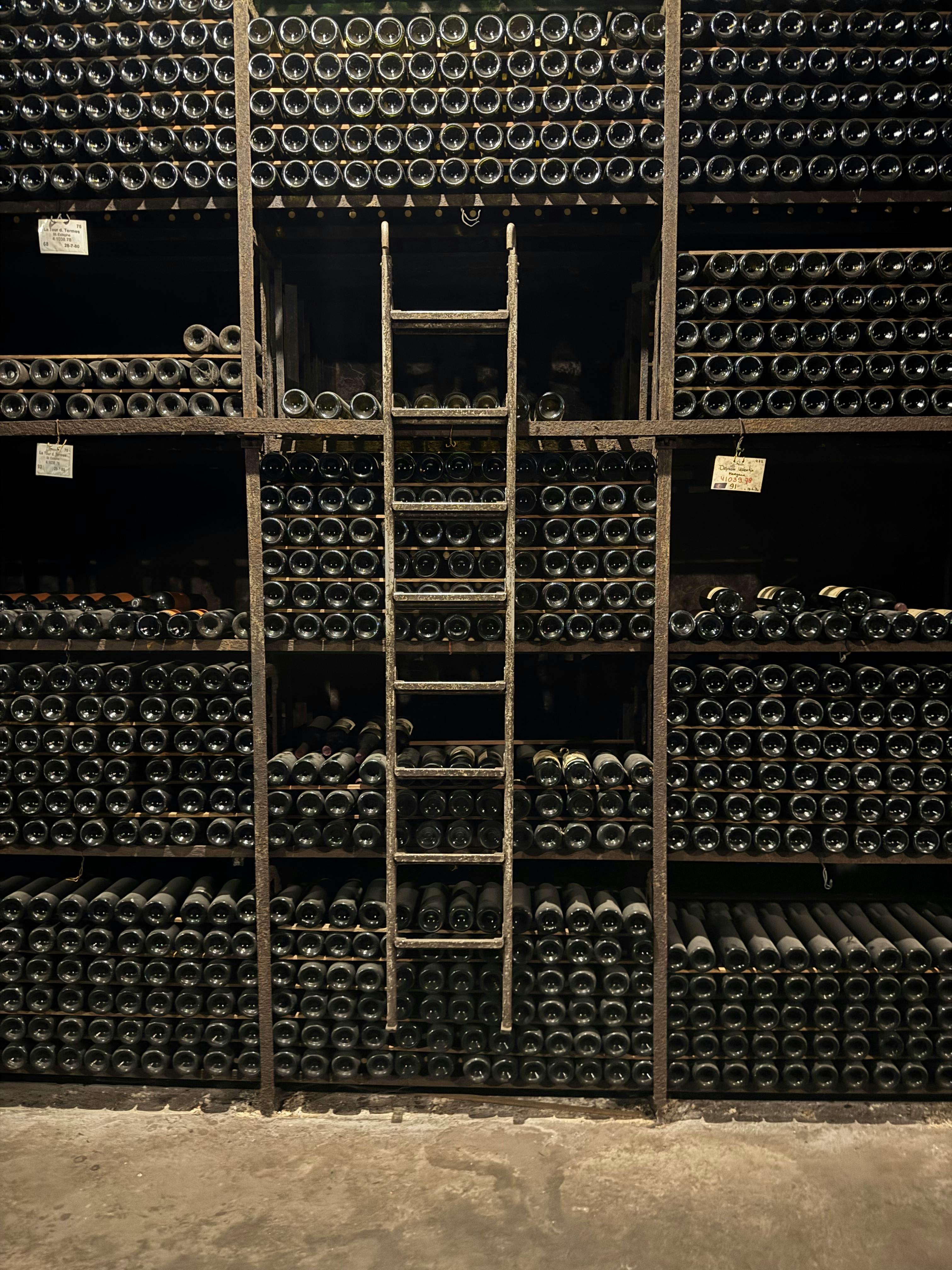 A rustic wine cellar filled with vintage wine bottles, accessed by an old ladder.