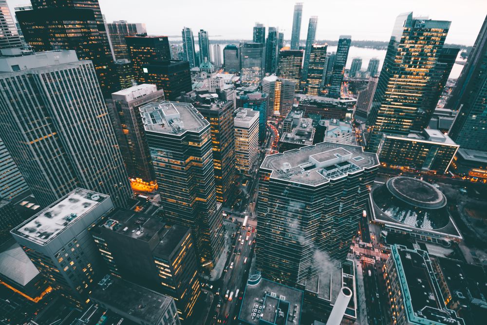 City districts at dusk seen from above