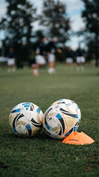 Two soccer balls on a field with cones during team practice, creating a sports training scene.