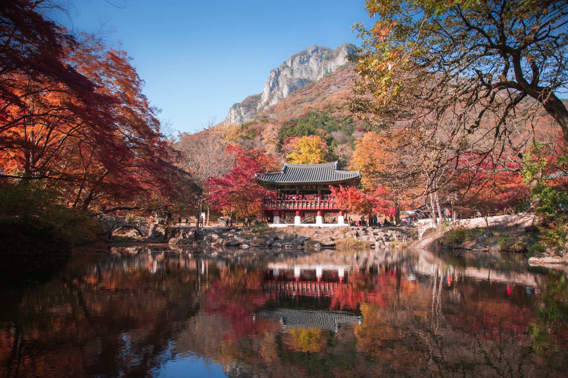 Stunning autumn scenery with Korean pavilion and vibrant foliage.