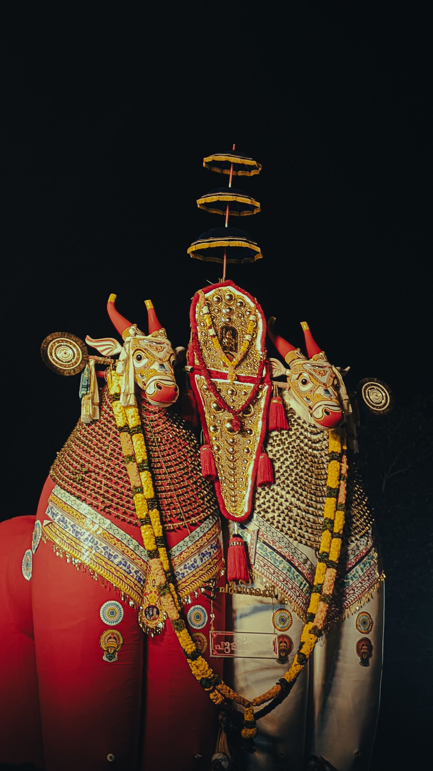 Decorative bull statues adorned with intricate jewelry and vibrant colors under night sky.