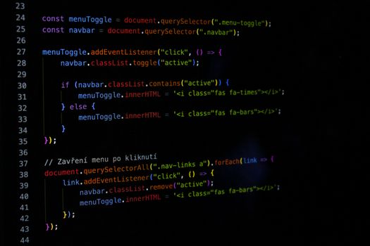Close-up of JavaScript code on a computer screen, showing web development programming.